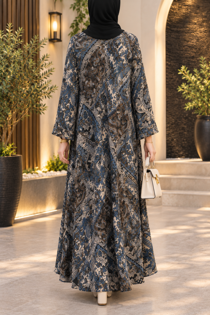 Falcon double abaya in Marble design, back view, showing the same paisley print and flowing silhouette as the front