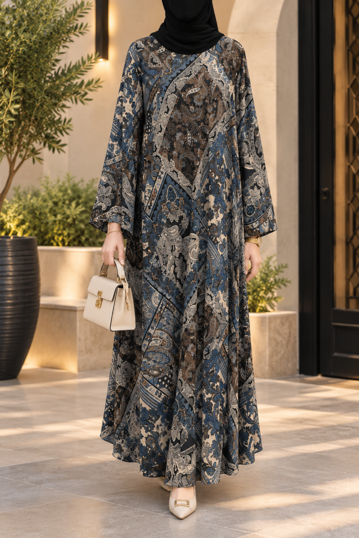 Falcon double abaya in Marble design, front view, with blue, brown and cream paisley print and free-style flared sleeves