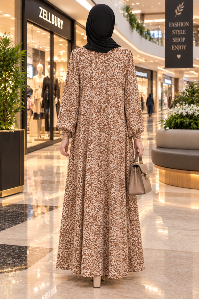 Falcon maxi abaya in Autumn design, back view, showing the same cream leaf print and flowing flare as the front