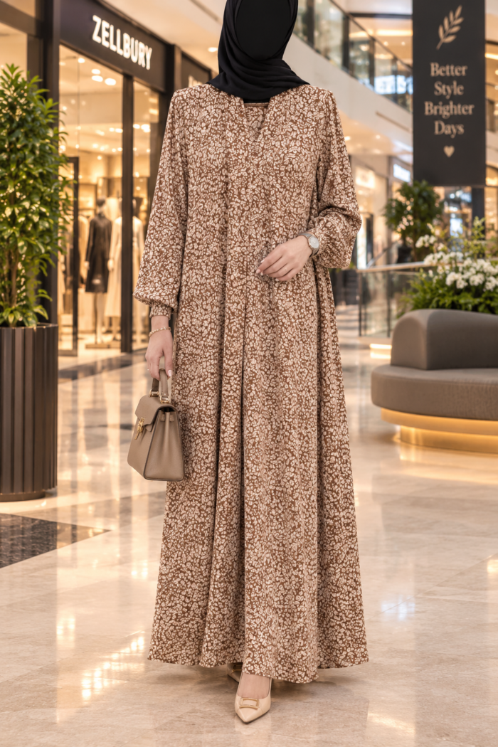 Falcon maxi abaya in Autumn design, front view, with cream leaf print on caramel brown and a front-open closure