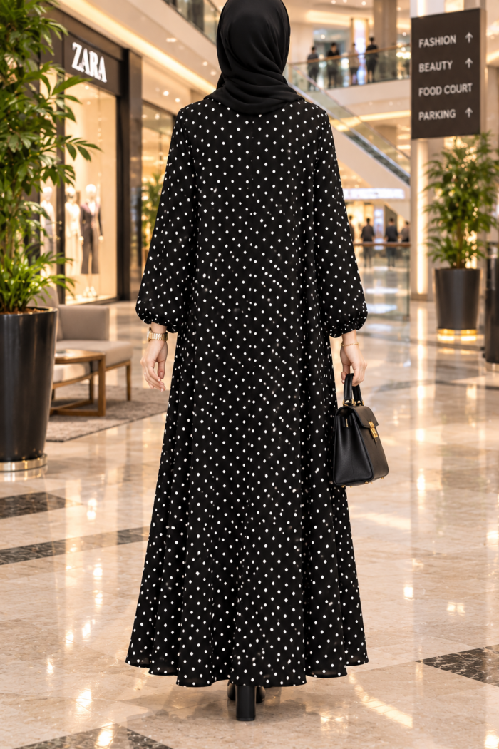 Falcon maxi abaya in Black Dot design, back view, showing the same white dot pattern and flowing flare as the front