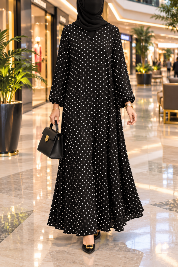 Falcon maxi abaya in Black Dot design, front view, with white polka dots on black and a front-open closure