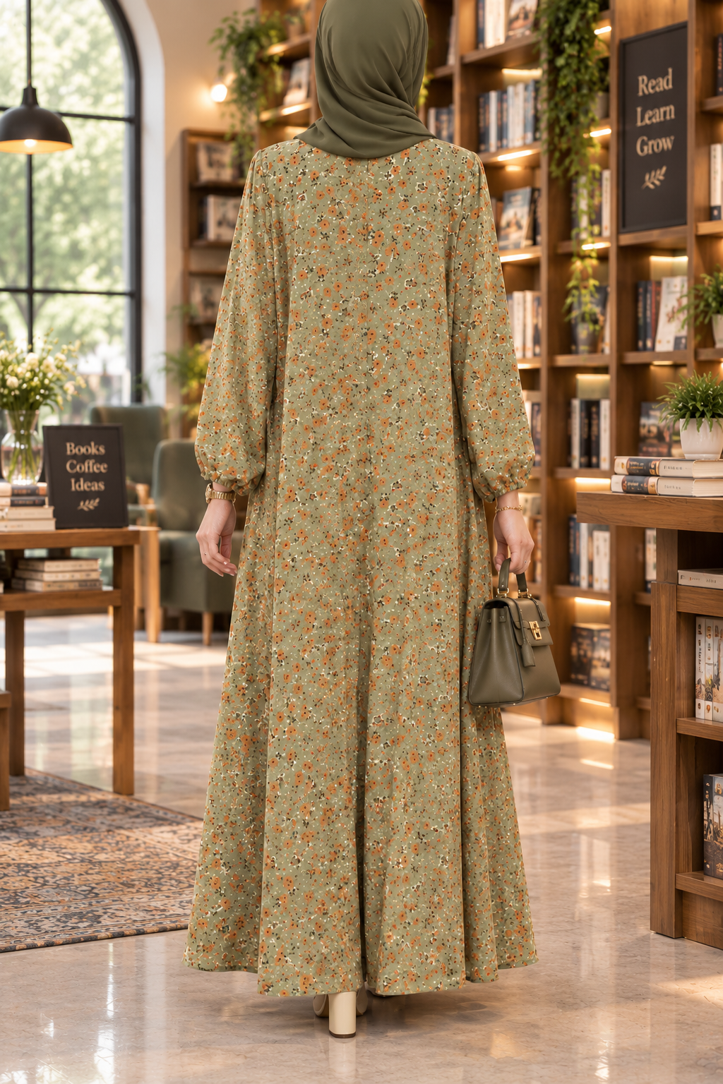 Falcon maxi abaya in Orange Flower design, back view, showing the same orange floral print and flowing flare as the front