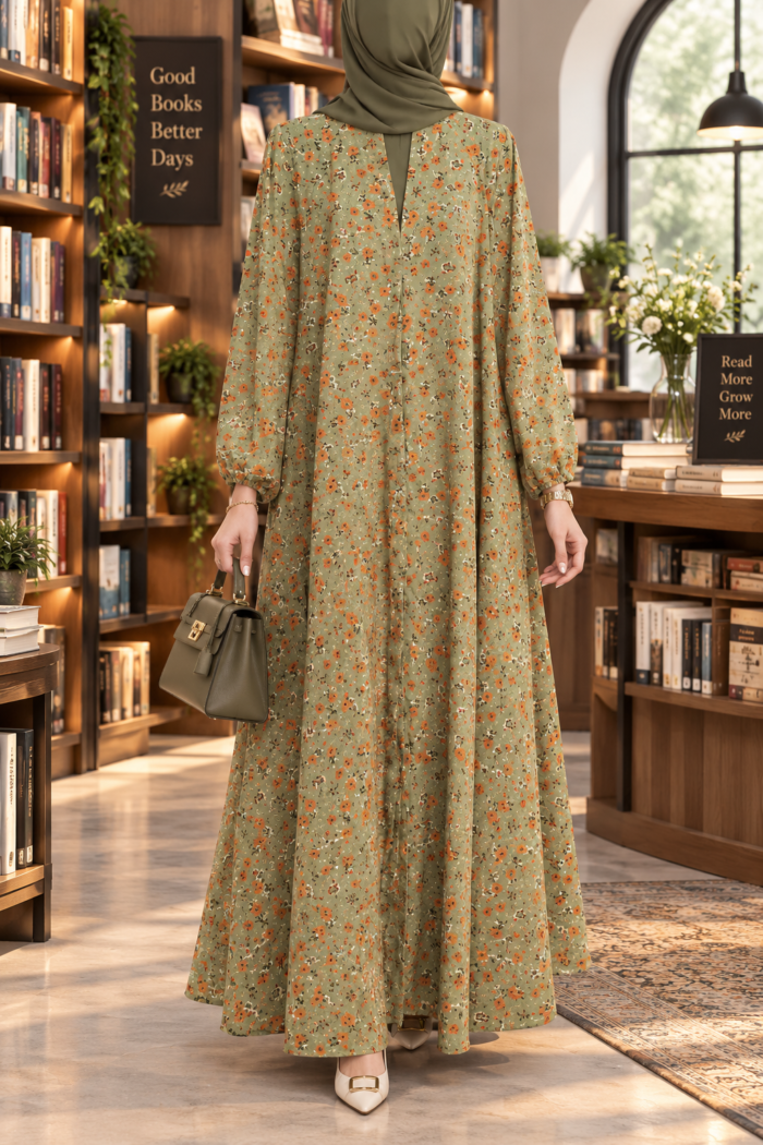 Falcon maxi abaya in Orange Flower design, front view, with small orange floral print on sage green and a front-open closure