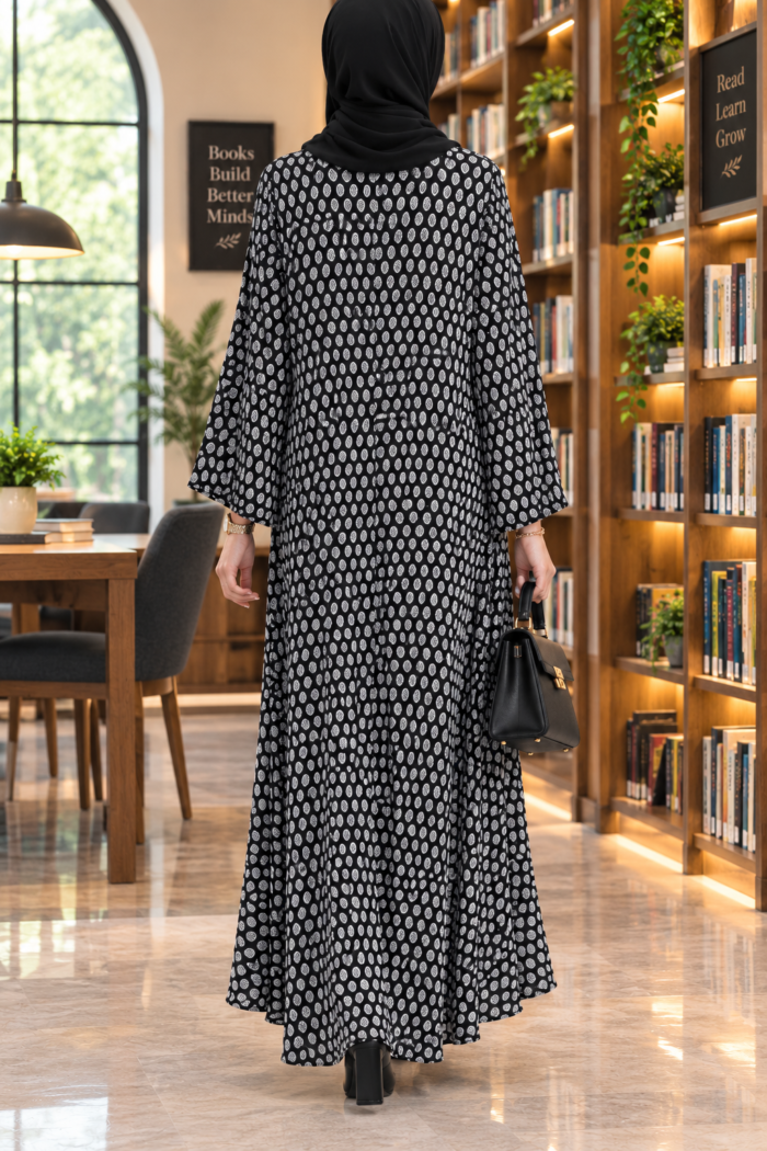 Falcon maxi abaya in black and white Spick Dot design, back view, showing the same decorative texture and flared fall as the front