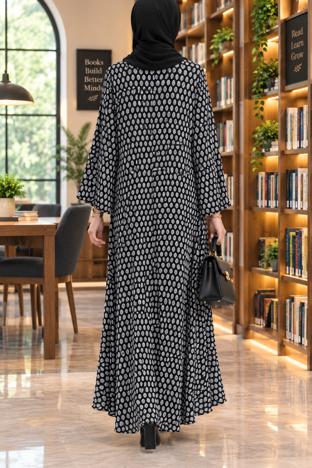 Falcon maxi abaya in black and white Spick Dot design, back view, showing the same decorative texture and flared fall as the front