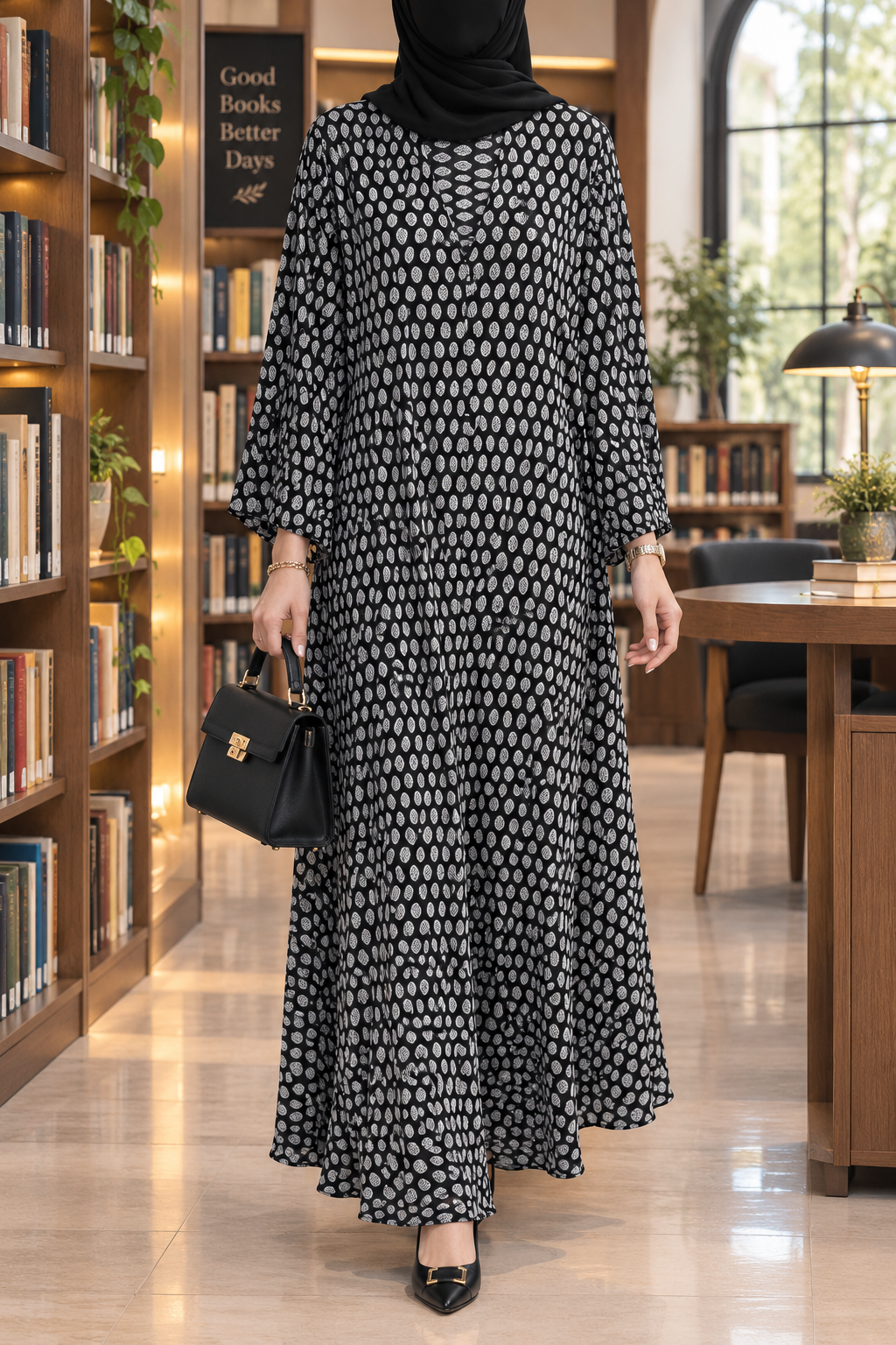 Falcon maxi abaya in black and white Spick Dot design, front view, with decorative texture on the front and shoulders
