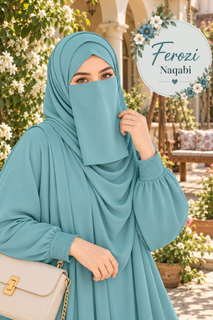 Ferozi everyday Dori Naqabi, a Georgette niqab covering nose and face, worn with a matching abaya