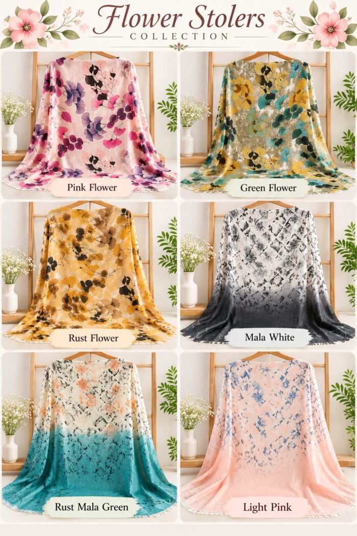 Flower Printed Stoler in Light Pink with fabric detail
