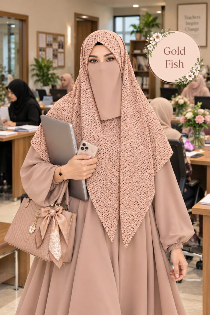 Golden textured Georgette scarf with fine texture worn with niqab for office