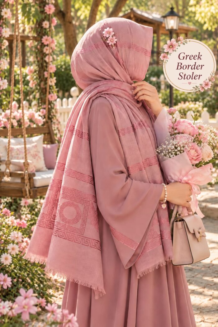 Greek Border Stoler in Dark Pink draped as a hijab