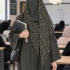 Green mini floral Georgette scarf with tiny multicolor flowers worn with niqab for university