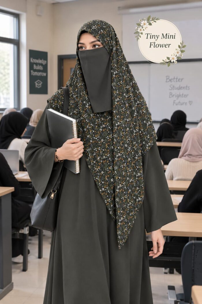 Green mini floral Georgette scarf with tiny multicolor flowers worn with niqab for university