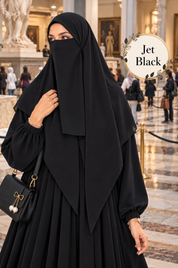 Jet black Georgette scarf in plain self color worn with niqab for university