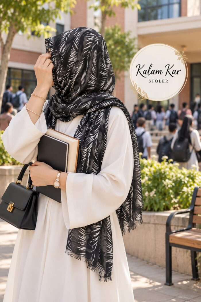 Kalam Kar Stoler in Black draped as a hijab