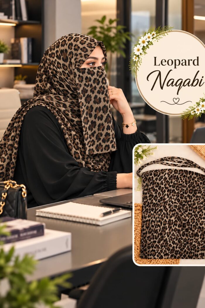 Leopard print Dori Naqabi, a Georgette niqab with dori ties covering nose and face, worn in an office