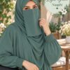 Light green pastel Dori Naqabi, a Georgette niqab covering nose and face, worn with a matching abaya