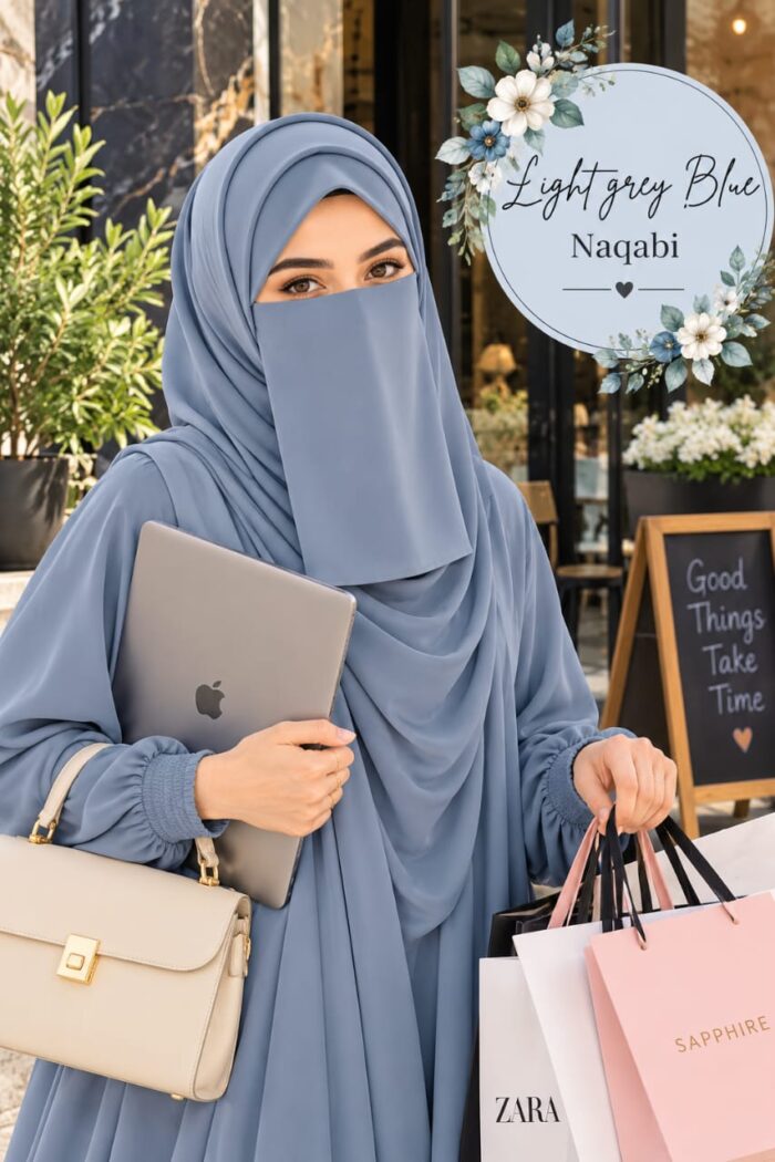 Light grey blueish everyday Dori Naqabi, a Georgette niqab covering nose and face, worn with a matching abaya
