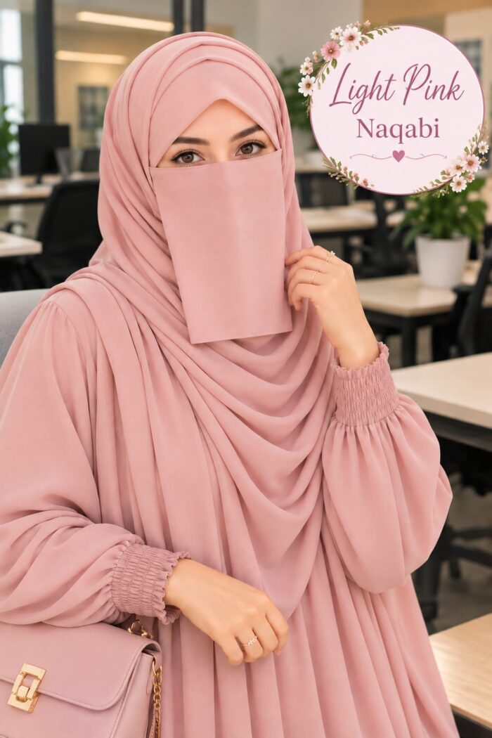 Light pink colored Dori Naqabi, a Georgette niqab covering nose and face, worn with a matching abaya