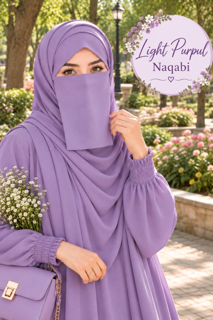 Light purple colored Dori Naqabi, a Georgette niqab covering nose and face, worn with a matching abaya