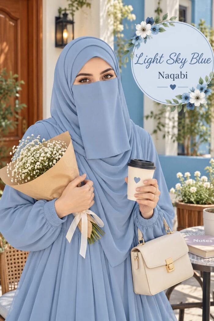 Light sky blue pastel Dori Naqabi, a Georgette niqab covering nose and face, worn with a matching abaya