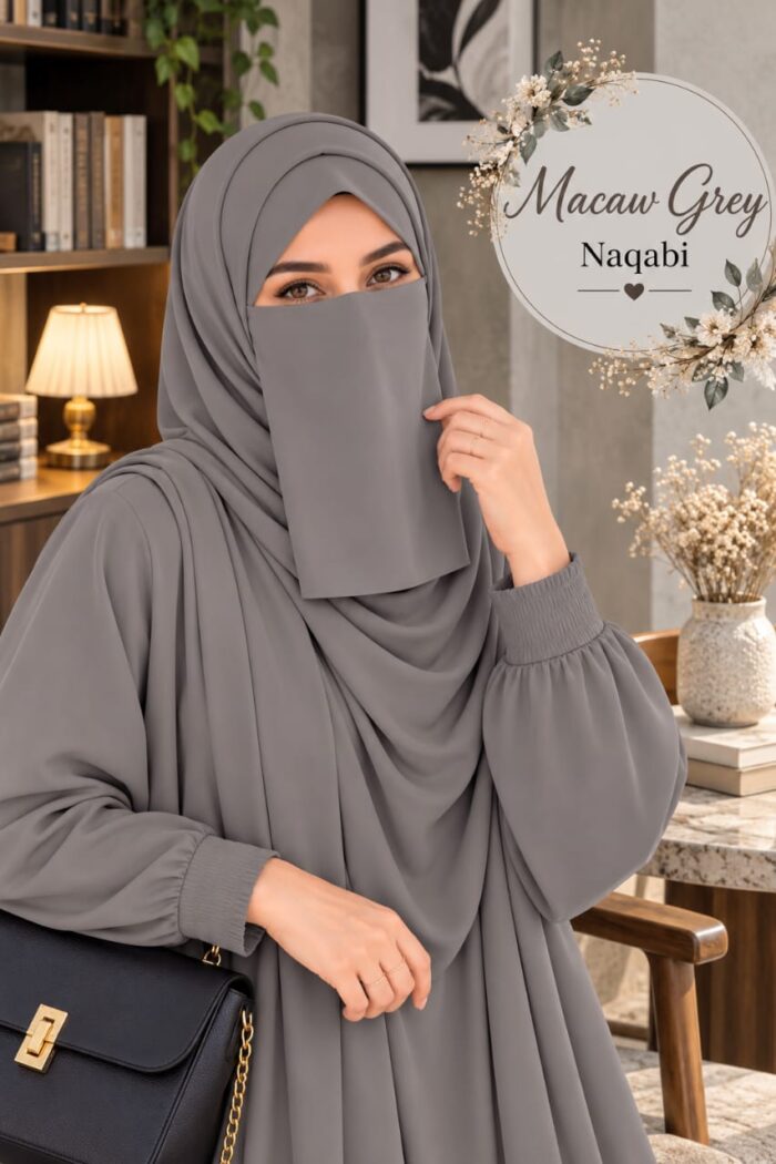 Macaw grey pastel Dori Naqabi, a Georgette niqab covering nose and face, worn with a matching abaya