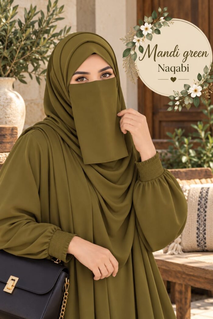 Mandi green Georgette Dori Naqabi covering nose and face, worn with a matching abaya and hijab