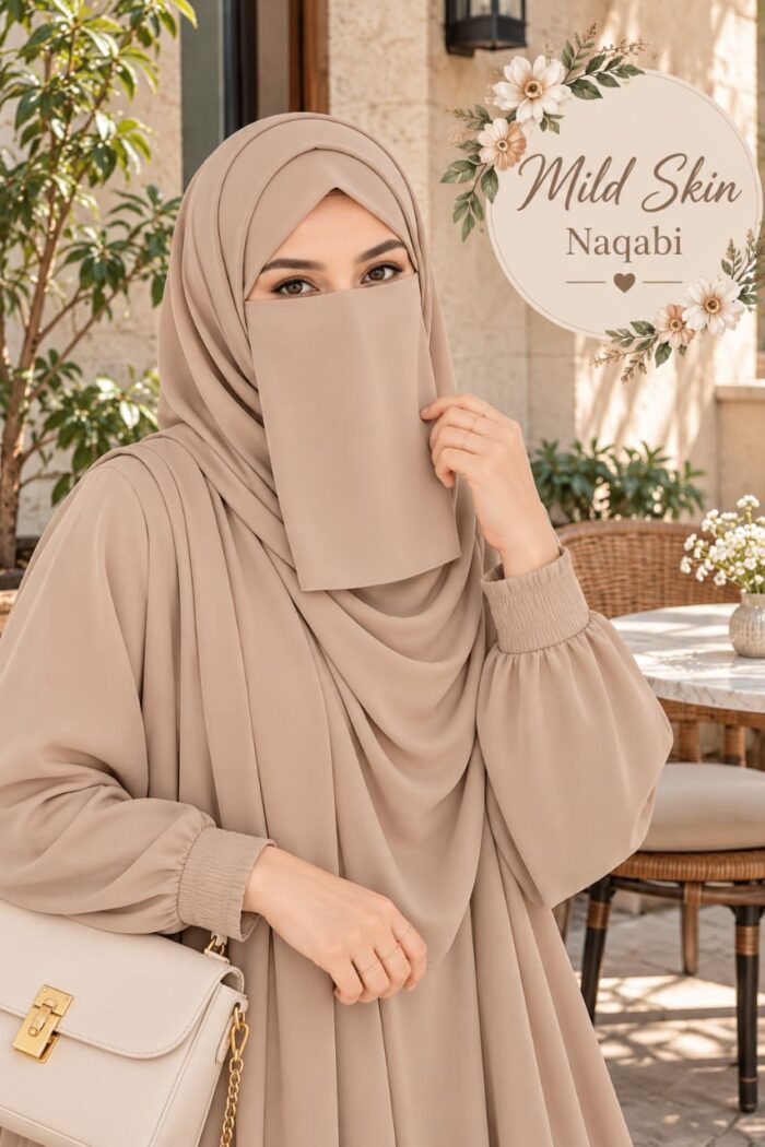 Mild skin Georgette Dori Naqabi covering nose and face, worn with a matching abaya and hijab