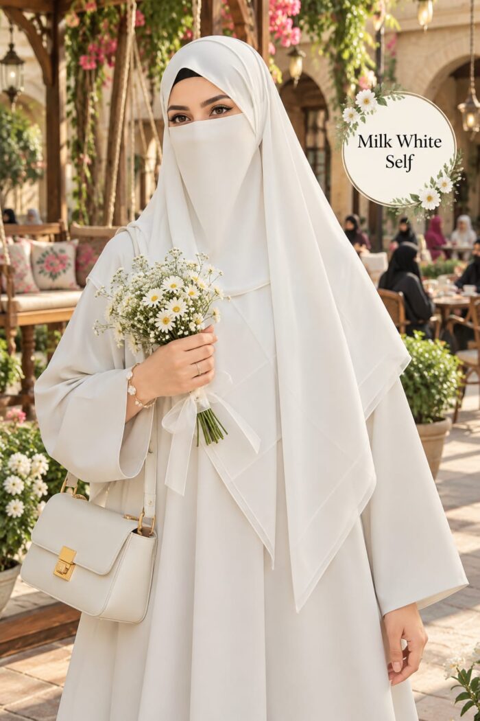 Milk white Georgette scarf in plain self color worn with niqab for university
