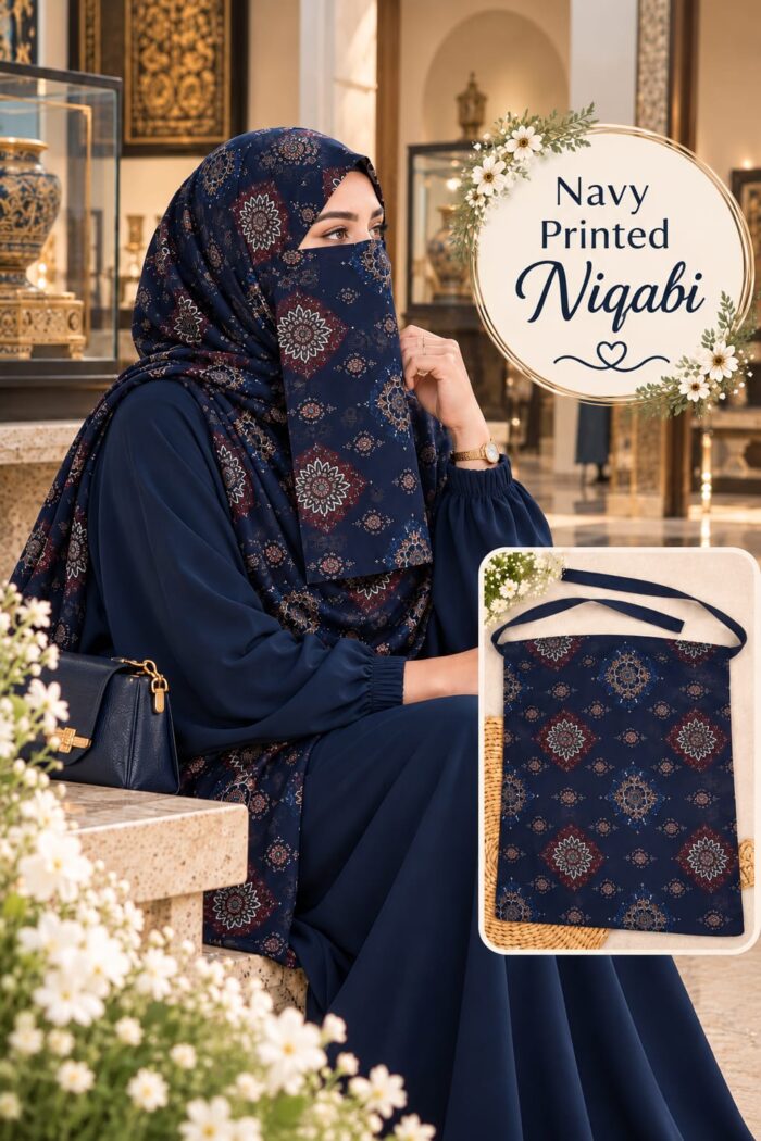 Navy Printed Dori Naqabi, a Georgette niqab with mandala print and dori ties covering nose and face