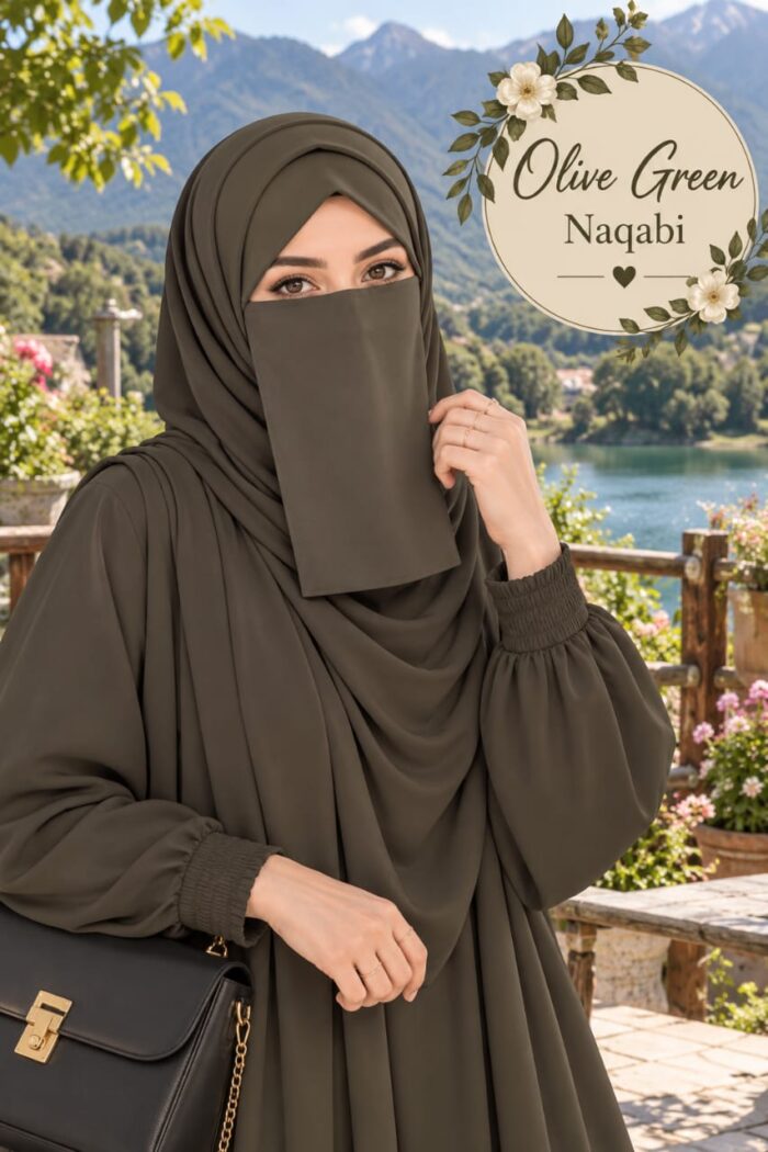 Olive green Georgette Dori Naqabi covering nose and face, worn with a matching abaya and hijab