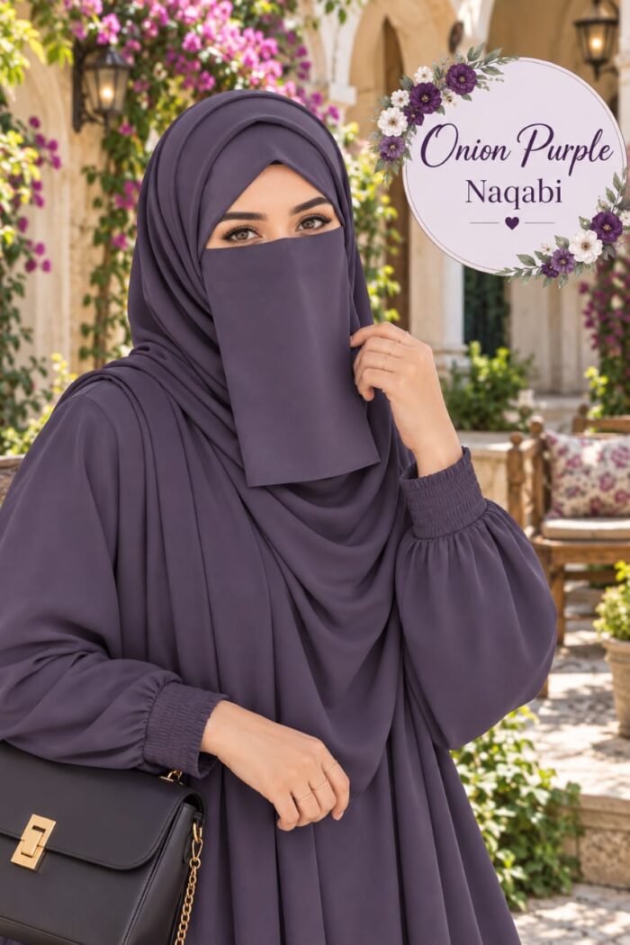Onion purple Georgette Dori Naqabi covering nose and face, worn with a matching abaya and hijab