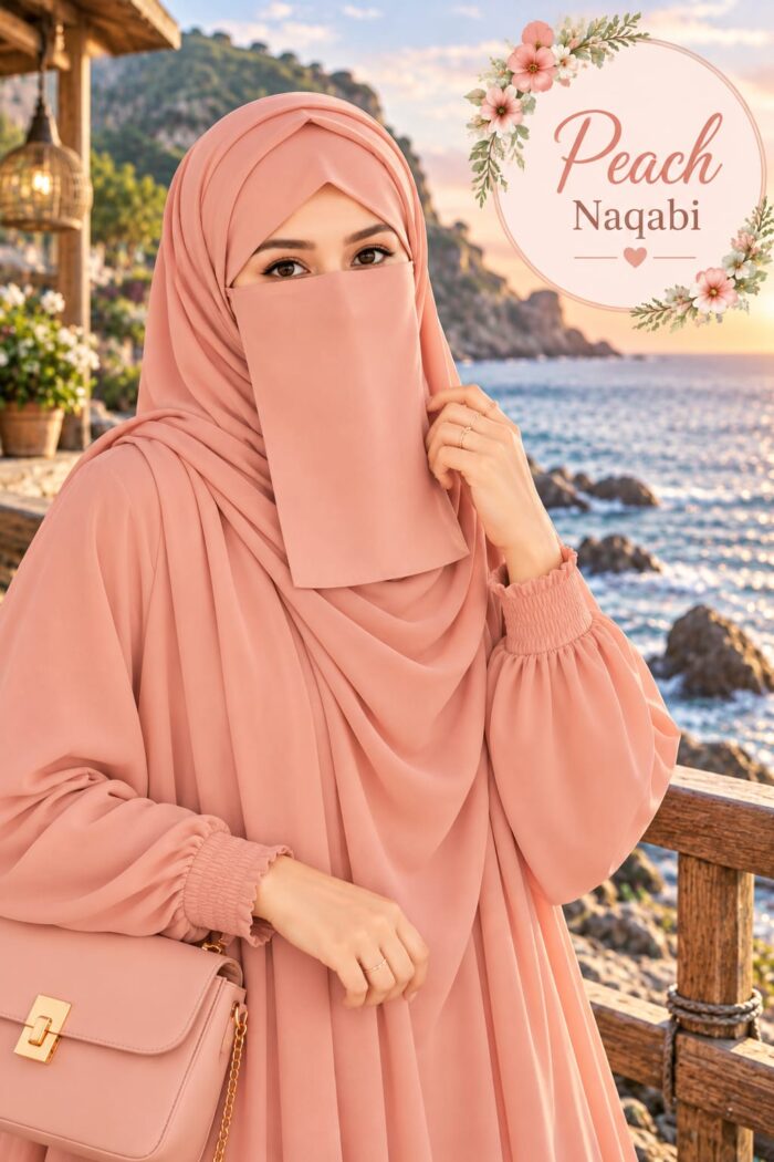 Woman wearing a peach colored Dori Naqabi with matching hijab and abaya beside a seaside railing