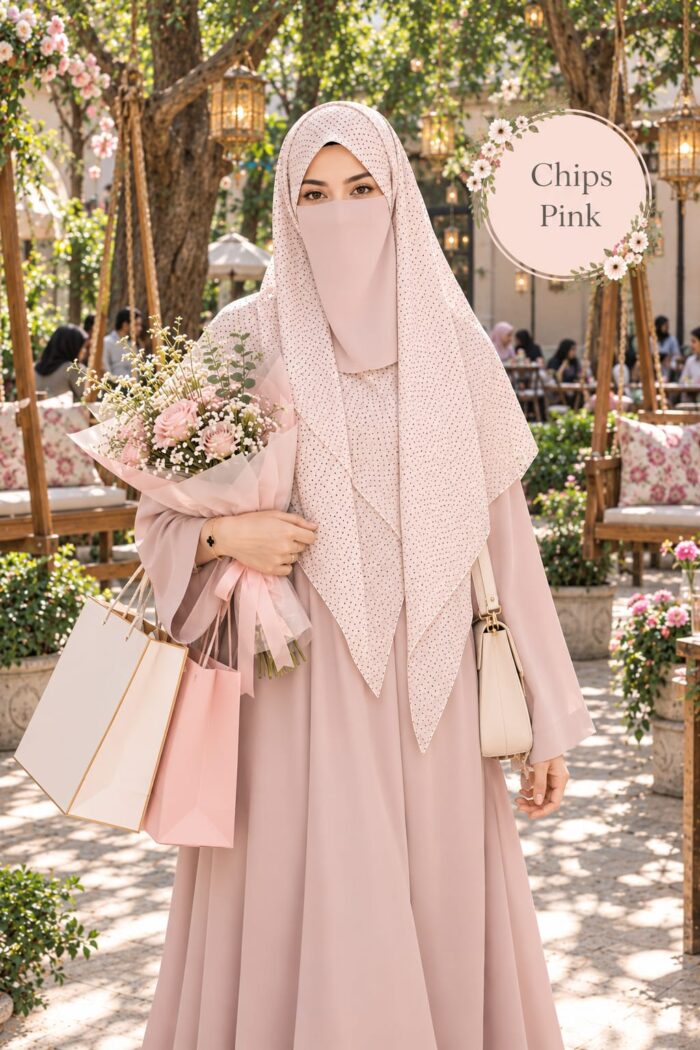Pink dotted Georgette scarf in mild pink with brown dots worn with niqab