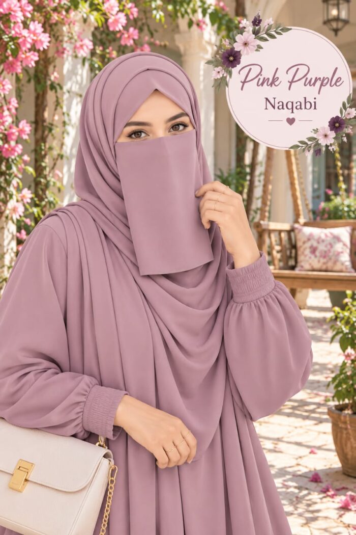 Pink purple Georgette Dori Naqabi covering nose and face, worn with a matching abaya and hijab