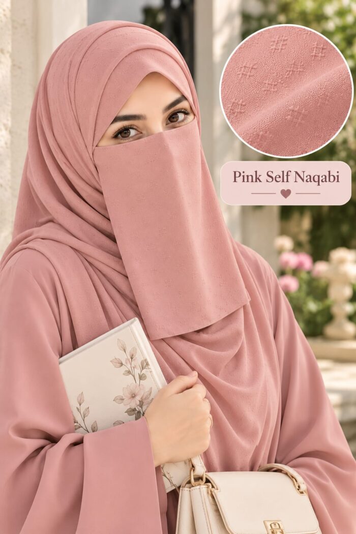 Pink self premium Dori Naqabi with textured Georgette fabric covering nose and face, worn with a matching abaya