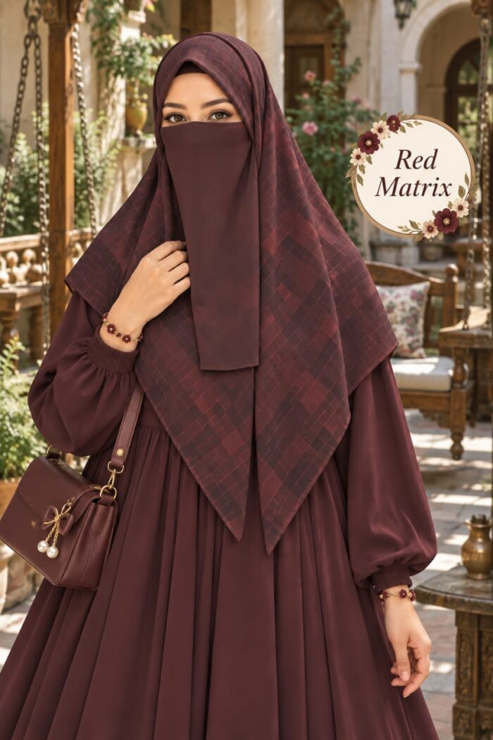 Red matrix Georgette scarf with reddish maroon boxes worn with niqab for university