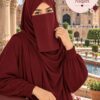 Reddish maroon premium Dori Naqabi, a Georgette niqab covering nose and face, worn with a matching abaya
