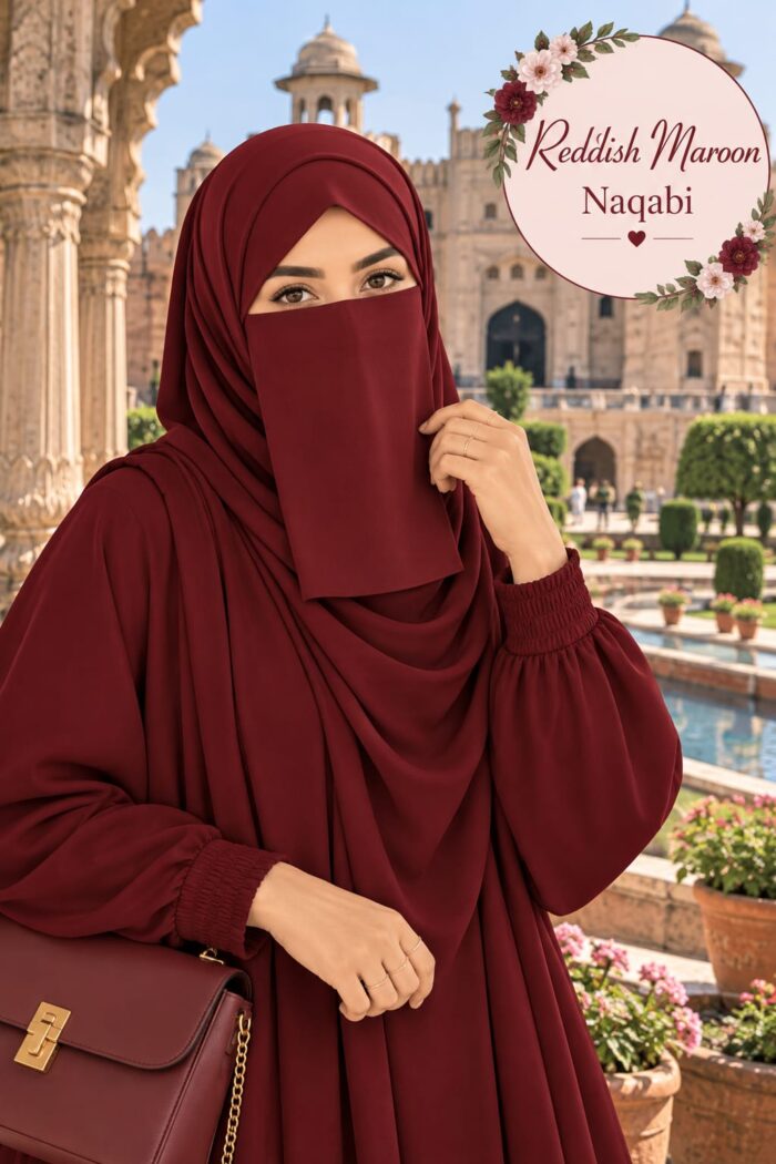Reddish maroon premium Dori Naqabi, a Georgette niqab covering nose and face, worn with a matching abaya