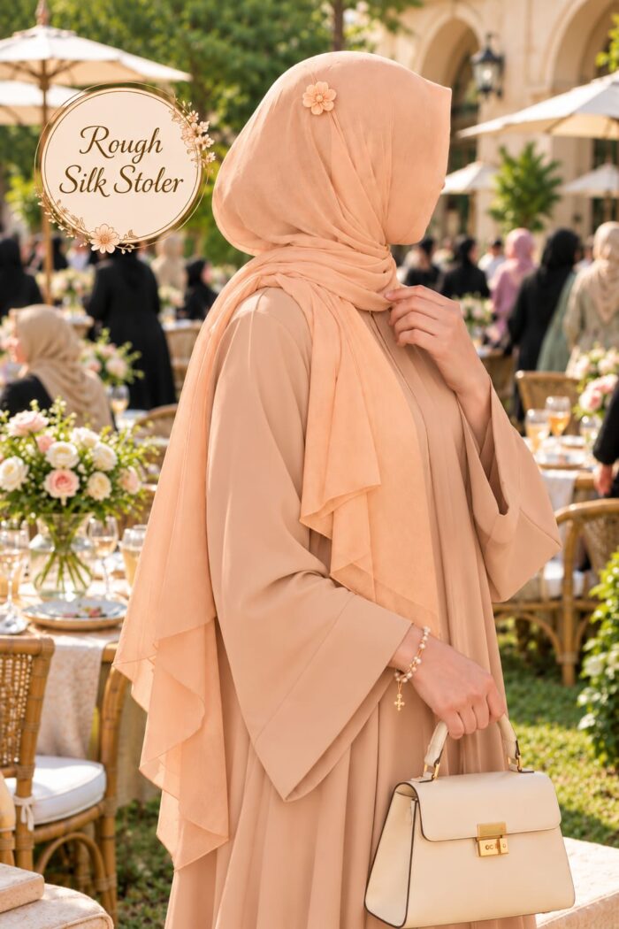 Rough Silk Stoler in Dark Pink draped as a hijab