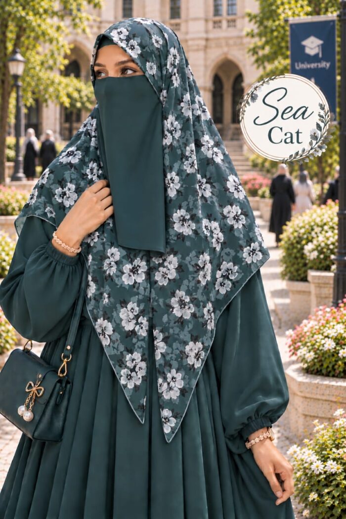 Sea Cat floral Georgette scarf in sea green with white flowers worn for university