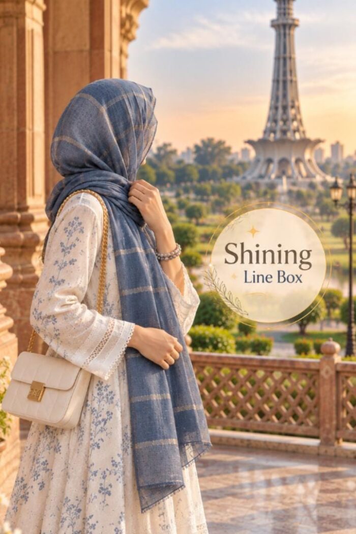 Shining Line Box Stoler in Gray draped as a hijab