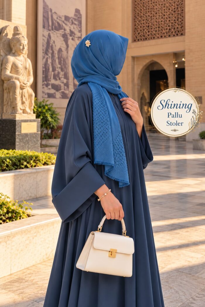Shining Pallu Stoler in Dark Ferozi draped as a hijab