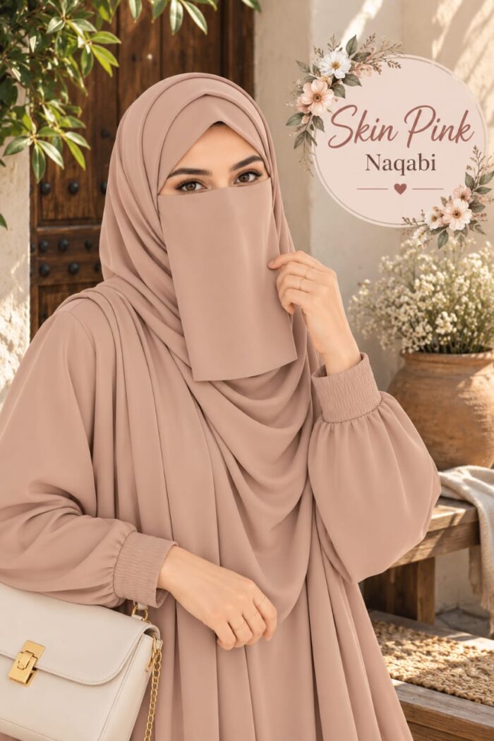Skin pink Georgette Dori Naqabi covering nose and face, worn with a matching abaya and hijab