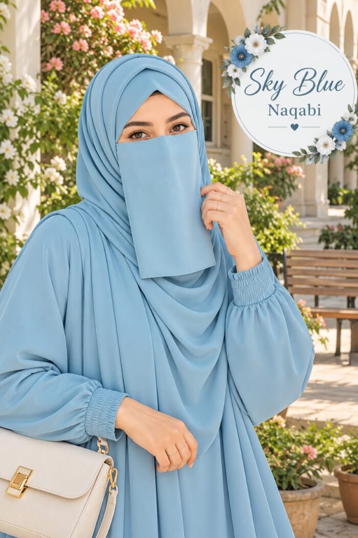 Sky blue pastel Dori Naqabi, a Georgette niqab covering nose and face, worn with a matching abaya