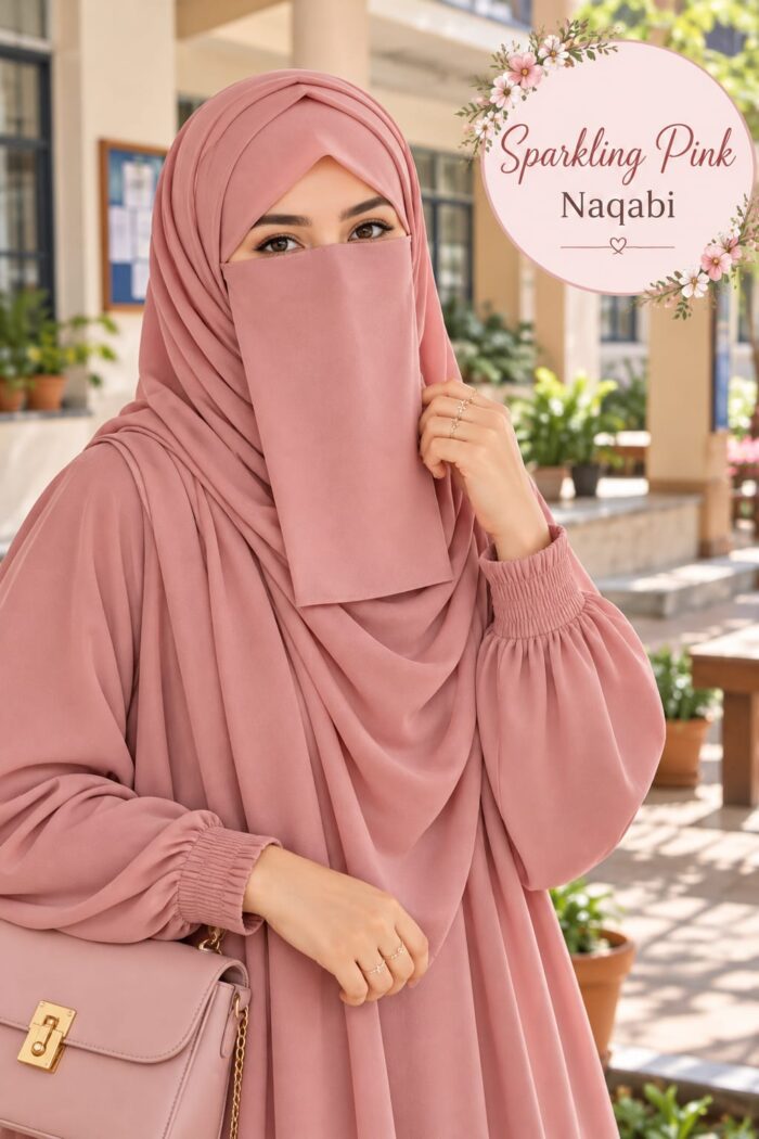 Sparkling pink colored Dori Naqabi, a Georgette niqab covering nose and face, worn with a matching abaya