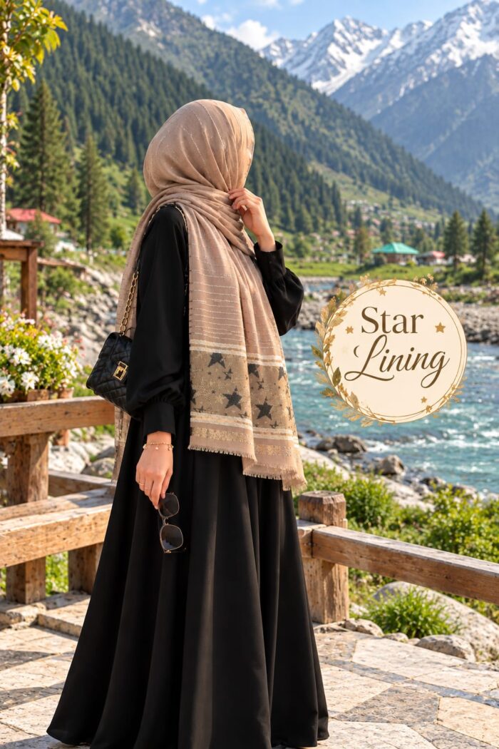 Star Lining Box Stoler in Cashmere Silver draped as a hijab