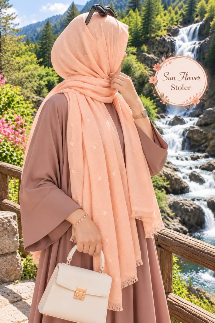 Sun Flower Stoler in Pink draped as a hijab