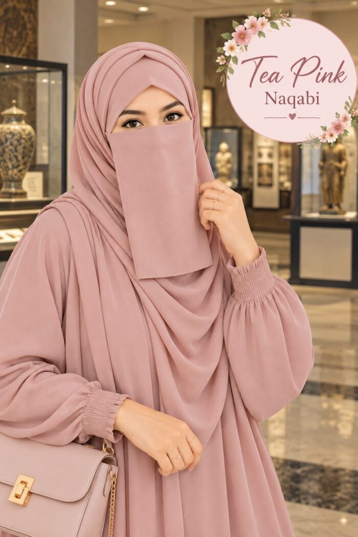 Tea pink colored Dori Naqabi, a Georgette niqab covering nose and face, worn with a matching abaya