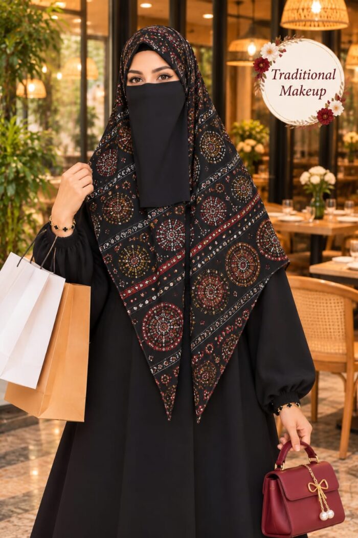 Traditional print Georgette scarf in black with multicolor motifs worn with niqab